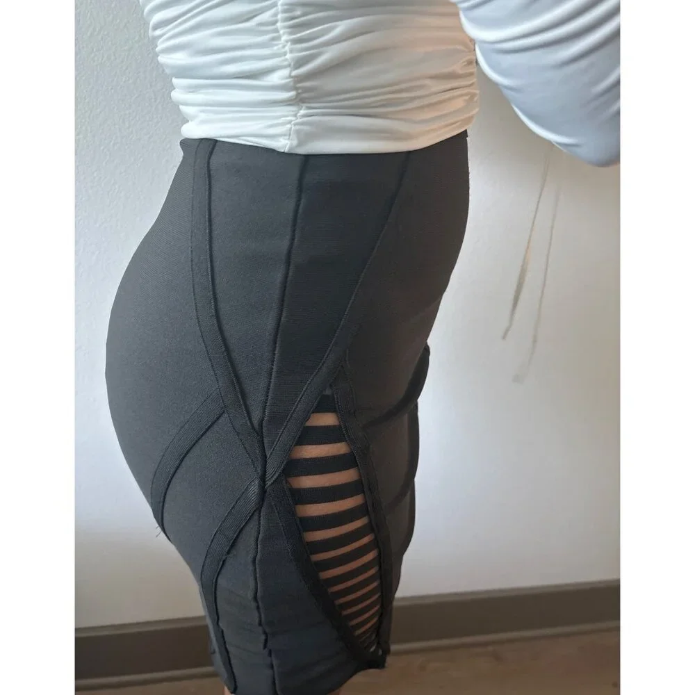 High Waist Skirt Size Medium Black Cutout Lattice Bodycon Stretch Bold Clubwear - Picture 16 of 16